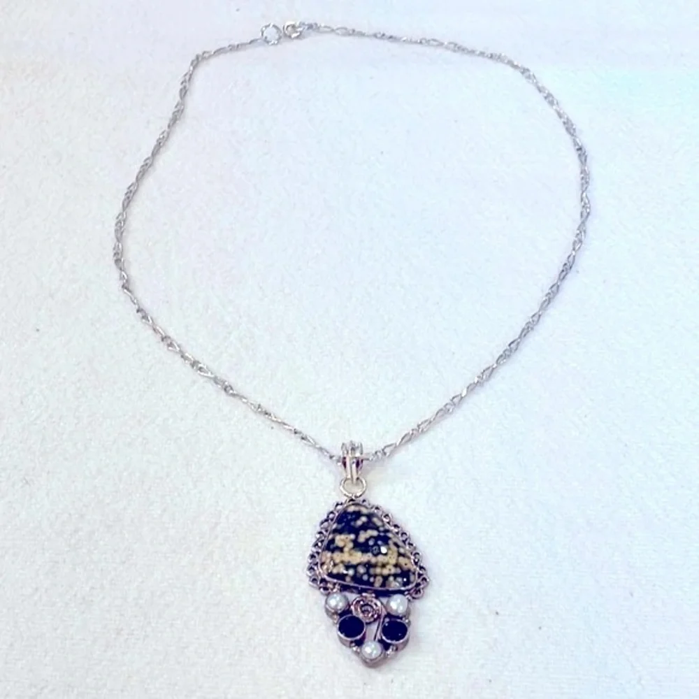 Sterling silver real pearls natural stone Large pendant unique link chain